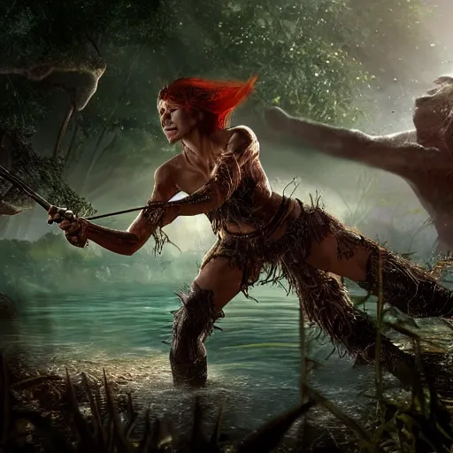 Prompt: Epic picture of a female faladin fighting a hydra near a jungle pond, hyper realistic, photo realistic, dynamic lighting, HDR, 4k, high detail, volumetric lighting, lens flare, trending at Artstation