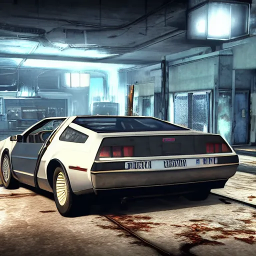 Prompt: dmc delorean from back to the future in fallout 4, in - game screenshot