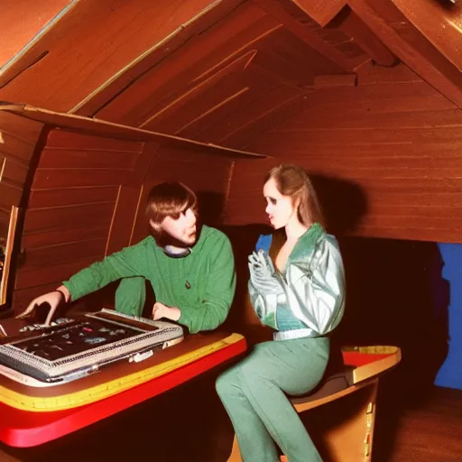 Image similar to first-person perspective view of three people wearing discowear having a party inside of a 1970s luxury a-frame cabin with a soviet computer console on the wall, exterior is a winter evening forest, ektachrome photograph, f8 aperture