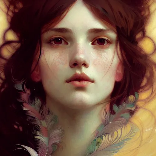 Prompt: A portrait of a girl surrounded by delicate feathers, face, intricate, elegant, highly detailed, digital painting, artstation, concept art, smooth, sharp focus, illustration, art by Krenz Cushart and Artem Demura and alphonse mucha