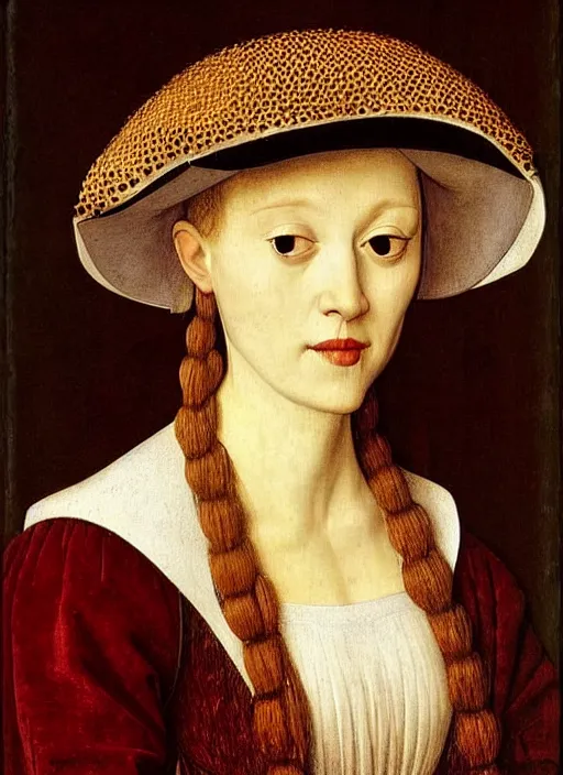 Image similar to portrait young woman young woman in renaissance dress and hat, art by jan van eyck,