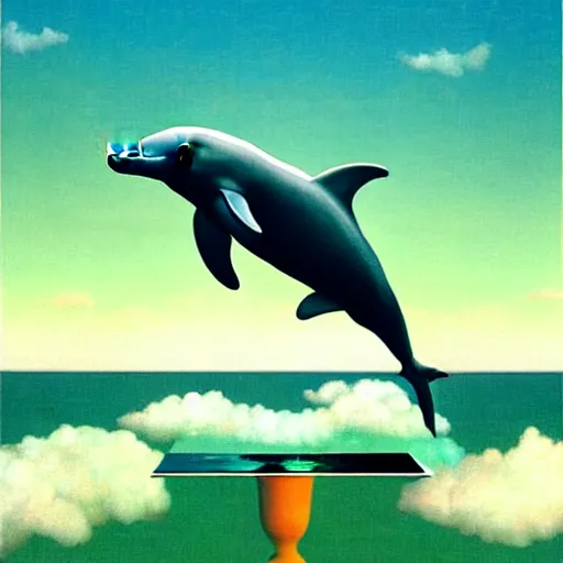 Image similar to a dolphin jumping in the air over the ocean, a hologram by rene magritte, cgsociety, computer art, seapunk, vaporwave, chillwave