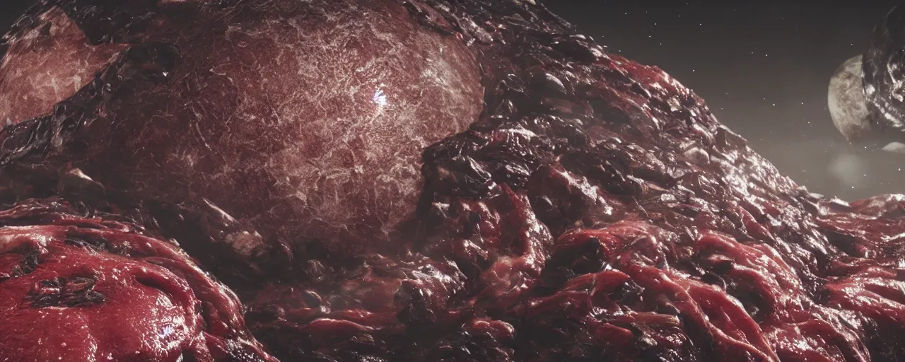 Image similar to ” outer planet made of meat and saliva, [ moist, wet, cinematic, detailed, epic, widescreen, opening, establishing, mattepainting, photorealistic, realistic textures, octane render ] ”