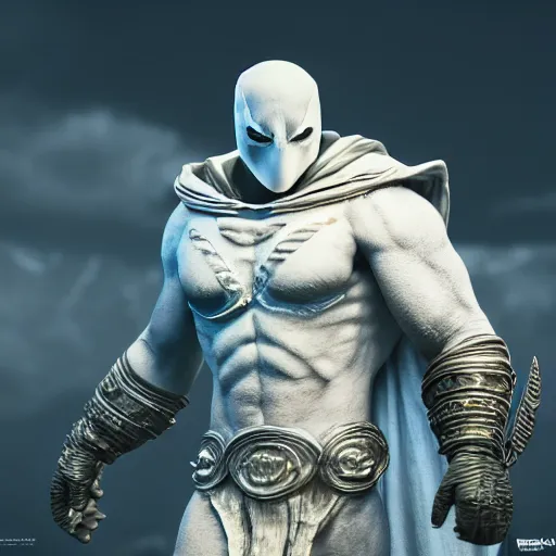 Image similar to a photorealistic render ofmoon knight mixed with krator from gow, artstation 4 k, cgivfx, shortfilmshd, wetastudiofx, bigstudiovfx, octanerender 3 d, framestorevfx, cgrecord