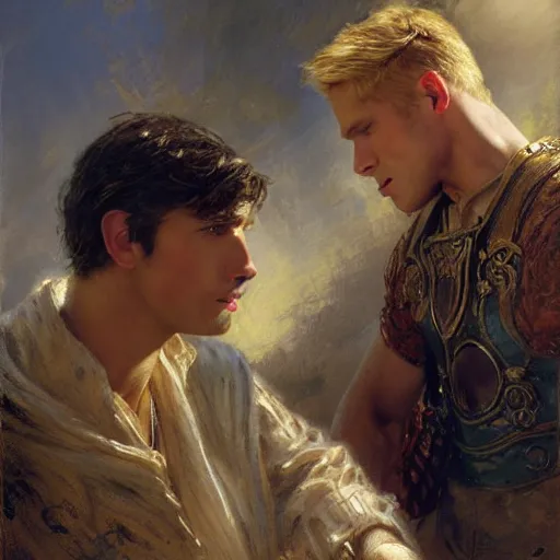 Image similar to attractive male, arthur pendragon who has blond hair confesses his love to attractive male, merlin who has dark hair. highly detailed painting by gaston bussiere, craig mullins, j. c. leyendecker 8 k