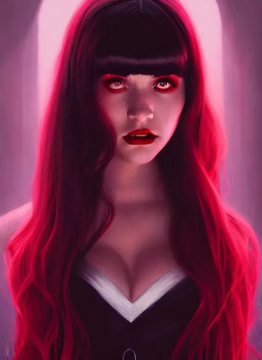 Prompt: portrait of vampire veronica lodge with bangs, vampire fangs, vampire, long hair, red clothes, bangs, vampironica, intricate, elegant, glowing lights, highly detailed, digital painting, artstation, concept art, smooth, sharp focus, illustration, art by wlop, mars ravelo and greg rutkowski