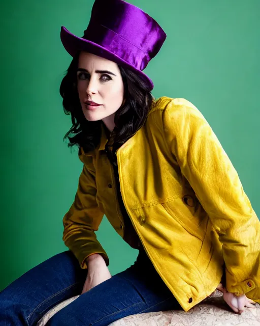 Image similar to super sharp portrait headshot of kristen ritter wearing a yellow leather jacket, green corduroy pants, a red silk blouse, and purple velvet top hat on her head, photoshoot in the style of annie leibovitz, photorealistic, samsung's 8 5 mm f 1. 4