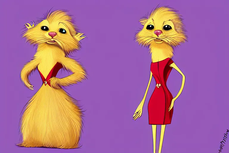 Prompt: lorax movie : detailed illustration : ferret character : wearing a stravagant fur dress : wearing diamonds stiletto : head torso legs : behance