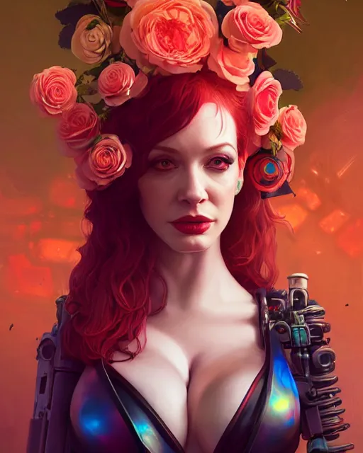 Image similar to portrait of christina hendricks with roses, cyberpunk cyborg. roses, sci - fi, intricate abstract upper body intricate artwork, by tooth wu, wlop, beeple, dan mumford. concept art, octane render, deviantart, greg rutkowski, cinematic arthouse, key art, hyper realism, iridescent accents