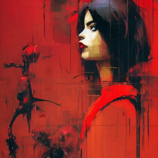 Image similar to portrait of a daydreaming melancholic latin woman in red habit being progressively rasterized into pixels from another world, she is surrounded by digital birds and a giant loving neon mecha robot is besides her, oil on canvas by yoji shinkawa, esao andrews, dave mckean and stina persson