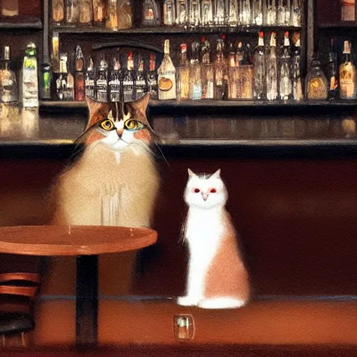 Image similar to of a british longhair cat sitting at the bar next to a beer, by greg rutkowski