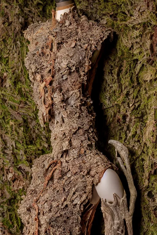 Image similar to A beautiful dress carved out of dead wood with lichen and mushrooms, on a mannequin. High quality, high resolution, studio lighting