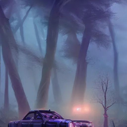 Prompt: car in futuristic spiritual mystical post apocalyptic forest by ron gilbert, dim painterly volumetric aquatic lighting, beautiful, crisp, artstation, highly detailed