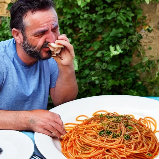 Image similar to Italian man is crying over his ruined spaghetti. A french person with a baguette laughs nearby.