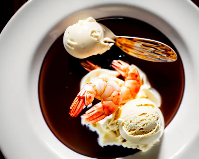 Image similar to dslr food photograph of vanilla ice cream with shrimp on, some chocolate sauce, 8 5 mm f 1. 4