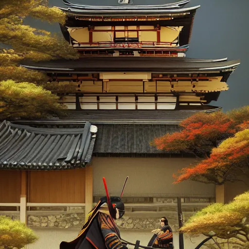 Image similar to samurai ninja japanese homes landscape digital art, ultrarealistic, irina french, heraldo ortega, mandy jurgens hajime sorayama greg rutkowski trending on artstation masterpiece golden ratio 8 k 1 5 0 mpx