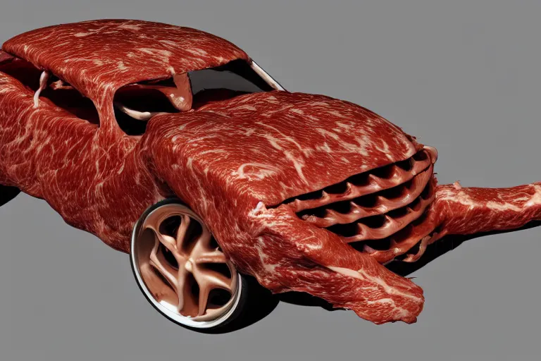 Image similar to car made of meat, sinister meat car, hd render, digital art