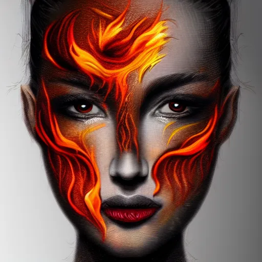 Prompt: artistic drawing of beautiful female face, with skin from flames, hair from flames, eyes from flames, body from flames and everything else made entirely from flames, trending on Artstation