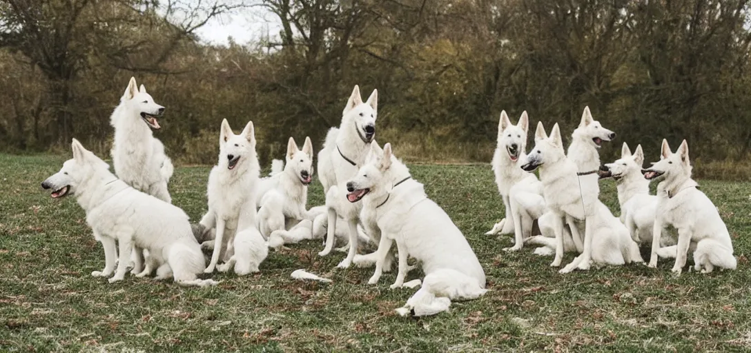 Prompt: 7 white shepherd dogs sitting around a table