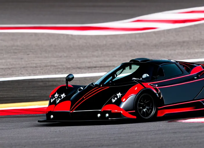 Image similar to !dream Black with red striped Pagani Zonda R cornering on a racetrack, 16K resolution, photography,