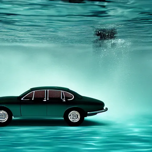 Image similar to hyperrealistic photo of an old jaguar car underwater in a swimming pool, 4 k, 8 k, thin film, full shot