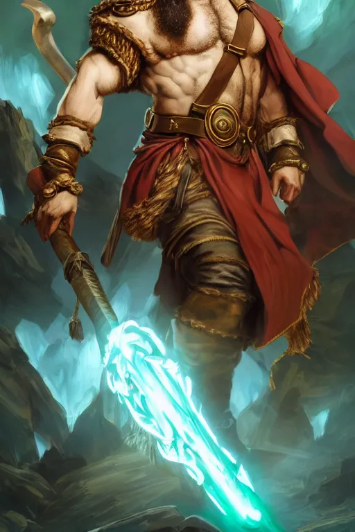 Image similar to character portrait karl marx as a buff wild magic barbarian with a third eye on the forehead and body warpaint, dungeons and dragons cover artwork, dynamic composition, dramatic lighting, trending on artstation, award winning art, stylized painting by sophie anderson, leonardo da vinci and raphael, concept art, 4 k, 8 k, gold and teal color scheme