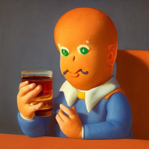 Image similar to a ginger-bread-man having a whiskey by Raphael, Hopper, and Rene Magritte. detailed, romantic, enchanting, trending on artstation.