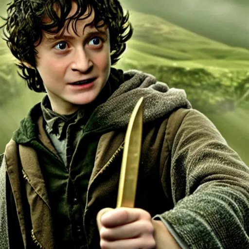 Image similar to Film still of Harry Potter as Frodo in Lord of the Rings: The Return of the King