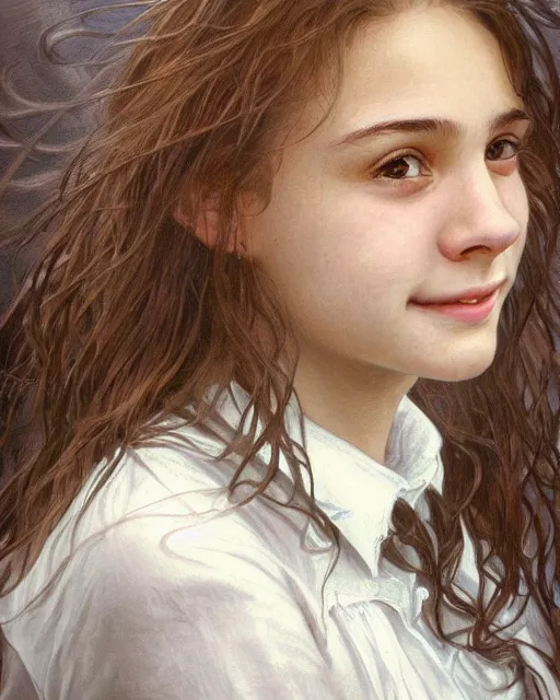 Image similar to close up portrait of 1 5 - year - old girl, smile with large front teeth, hermione granger, very bushy brown hair, and very bright brown eyes, wearing white shirt, hyper realistic face, beautiful eyes, close up, fantasy art, in the style of greg rutkowski, intricate, alphonse mucha, hyper detailed, smooth