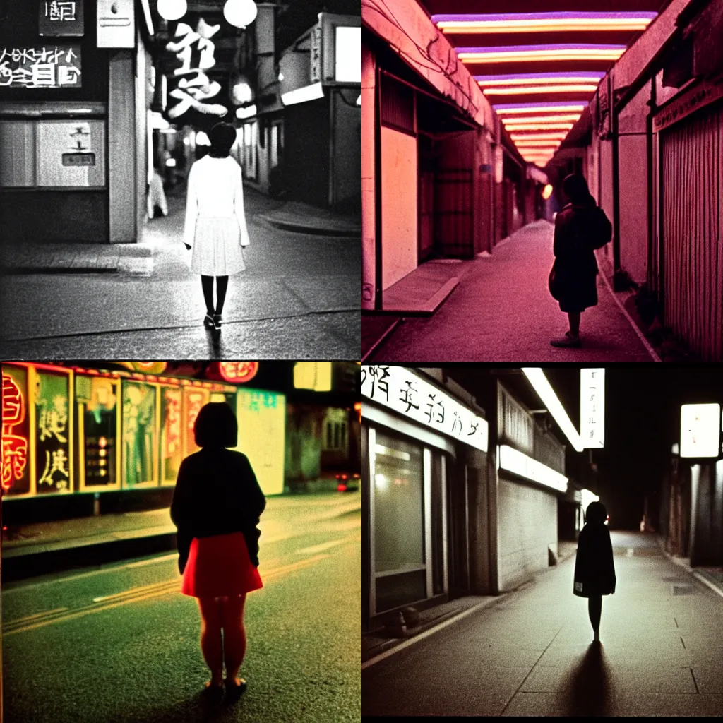 Prompt: a Japanese woman on a street at night, 1971, 35mm photography, red neon lights