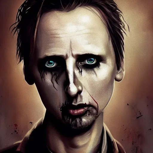 Image similar to young and handsome matt bellamy as a zombie, 7 days to die zombie, gritty background, fine art, award winning, intricate, elegant, sharp focus, cinematic lighting, digital painting, 8 k concept art, art by michael hussar, art by brom, art by guweiz and z. w. gu, 8 k