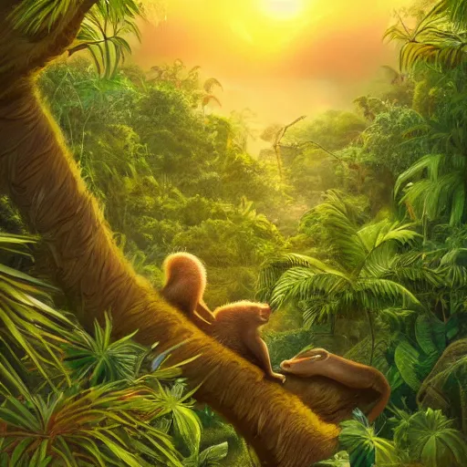 Image similar to a weasel in a jungle!, mist, tropical trees, vines, birds, sunset!, fluffy clouds, warm colors, beautiful lighting, digital art, intricate details, trending on artstation