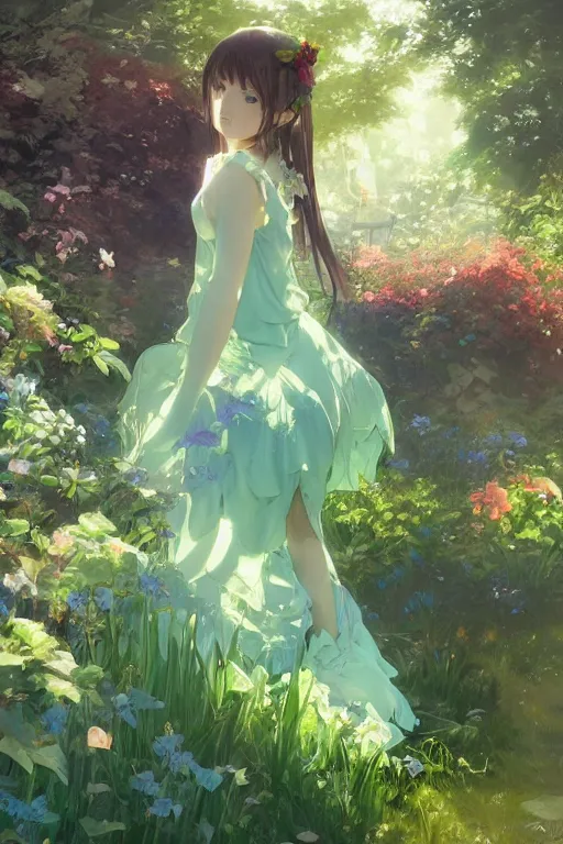 Prompt: a depressed digital art, loli in dress, garden, green and warm theme, blue accents, back lighting, highly detailed, 4 k resolution, trending on art station, by krenz cushart and mucha and akihito yoshida and greg rutkowski