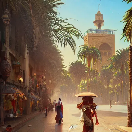 Image similar to frog travels through marrakech streets, palm trees, highly detailed, digital painting, artstation, concept art, smooth, sharp focus, illustration, art by artgerm and greg rutkowski and alphonse mucha