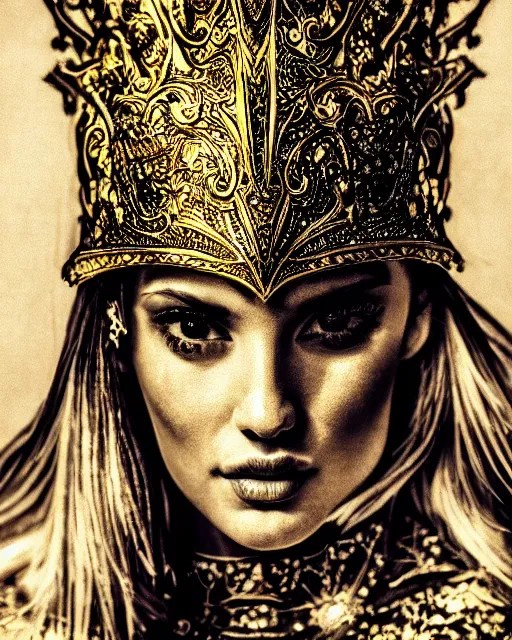 Prompt: ink painting portrait of woman in shining golden armor, high production value, intricate details, high resolution, hdr, high definition, masterpiece, realistic, ultrarealistic, highly detailed, hd, sharp focus, non blurry, sharp, smooth