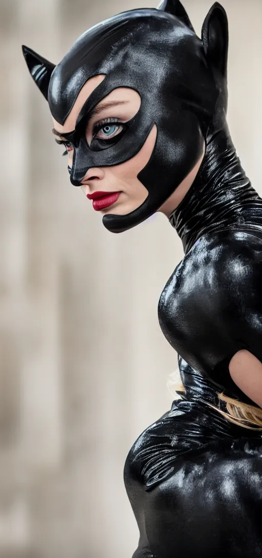 Prompt: Margot Robbie as Catwoman, XF IQ4, 150MP, 50mm, F1.4, ISO 200, 1/160s, natural light