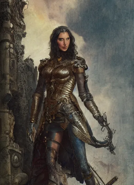 Image similar to highly detailed steampunk gal gadot standing, steel age : leonardo da vinci, greg rutkowski, magali villeneuve