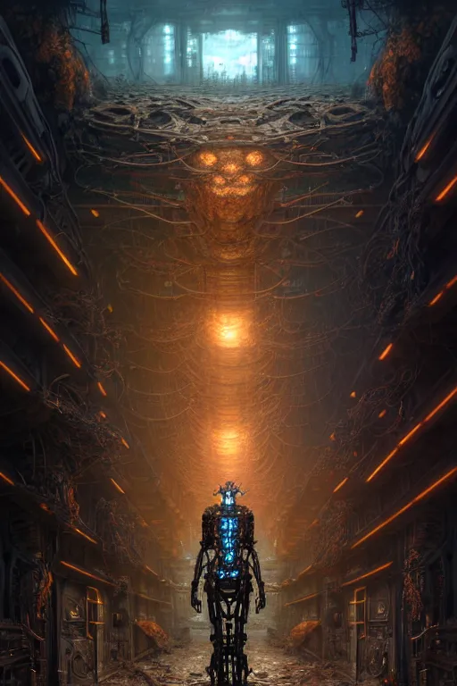 Image similar to A photorealistic 3d render of a robot monster cyborg made of circuits wide view shot by ellen jewett , tomasz alen kopera and Justin Gerard symmetrical features, ominous, magical realism, texture, intricate, ornate, royally decorated, android format, windows, many doors, roofs, complete house , whirling smoke, embers, red adornments, red torn fabric, radiant colors, fantasy, trending on artstation, volumetric lighting, micro details, 3d sculpture, ray tracing, 8k