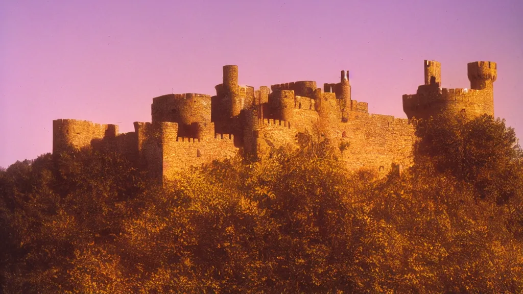 Prompt: castle, velvia, warm color palette, lonely, on a cliff edge