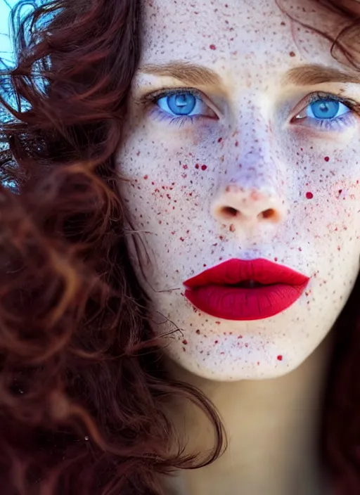 Image similar to close up photo of the left side of the face of a woman with blue eyes and wavy long red-brown hair, red detailed lips and freckles who looks directly at the camera. Slightly open mouth. Whole head visible and covers half of the frame, with a park visible in the background. 135mm nikon. Intricate. Very detailed 8k. Sharp. Cinematic post-processing. Unreal engine. Nanite. Ray tracing. Parallax. Tessellation