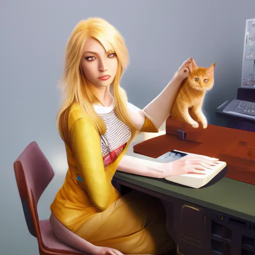 Prompt: Gamergirl with blond hair with cat on desk, hyperdetailed, artstation, cgsociety, 8k