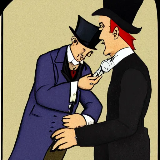 Image similar to a photograph of a doctor diagnosing a terrified patient. The patient is dressed in a suit and tophat with a monocle and union jack flag