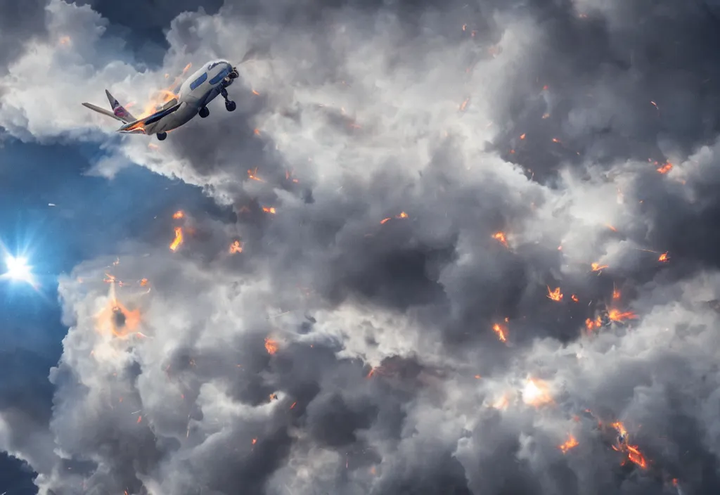 Prompt: plane exploding in pieces. in the sky. highly detailed. wide angle shot. depth of field. high definition. 8 k. photography.