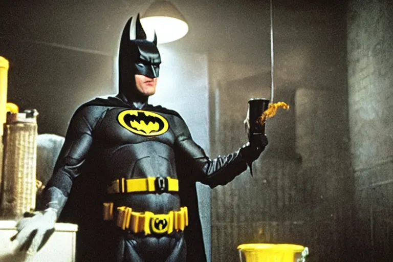 Image similar to michael keaton as batman offering lots of orange juice, dirty disgusting brown bathroom with cracked tiles and mold, atmospheric eerie lighting, dim lighting, bodycam footage, motion blur, blurry photography