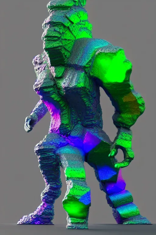 Image similar to concept art of totally fractal bismuth mineral giant golem : : shiny rainbow bismuth fractalization patterns : : extremely high details, masterpiece, photorealistic, hyperrealism, vray, octane render, volumetric lighting, depth of field, bokeh, artstation, cgsociety by elyse graham, johannen voss, greg broadmore