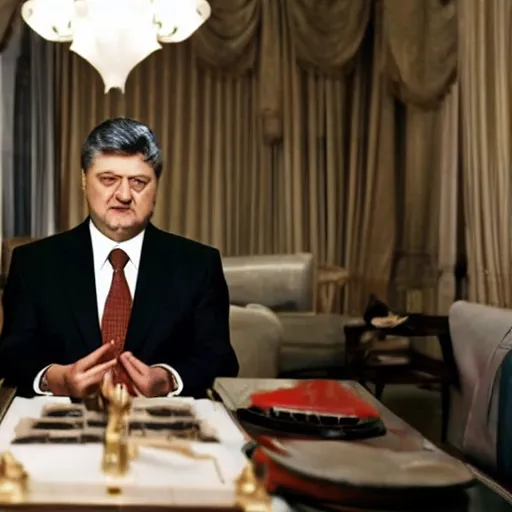 Image similar to Petro Poroshenko as the American Psycho, cinematic still
