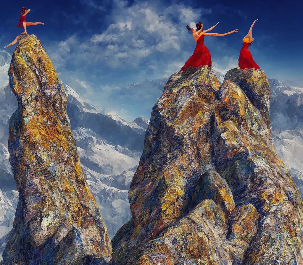 Prompt: acharuli pair dancing on a summit in Caucasus, dynamic concept art, vivid color hues.