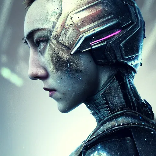 Prompt: saoirse ronan portrait, dystopia core, apocalyptic, armor, warrior, dramatic, sharp focus, fiction, neon, fantasy, hyper detailed, digital art, trending in artstation, cinematic lighting, studio quality, smooth render, unreal engine 5 rendered, octane rendered, art style and nixeu and wlop and krenz cushart