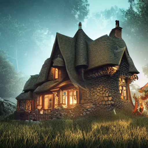 Prompt: side portrait of ecclectic witch, beautiful, intricate, jaw dropping, dynamic lighting, intricate and detailed, cottage in background, 4 k octane render