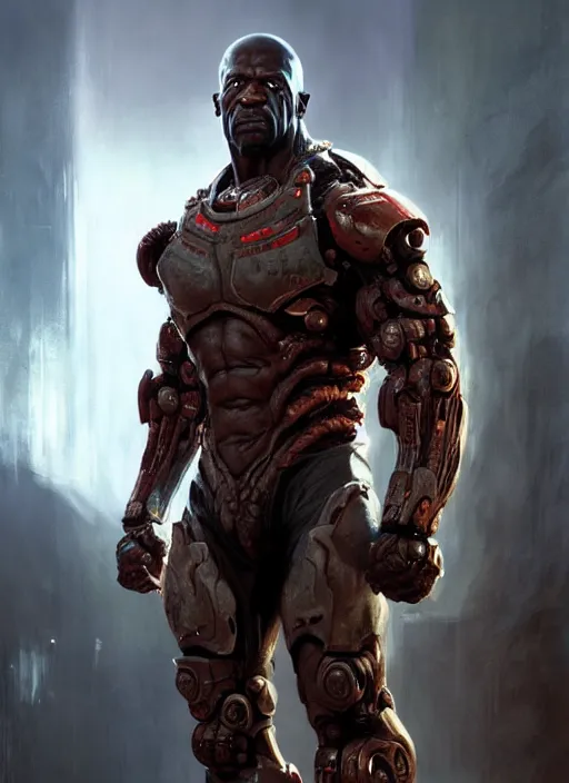 Image similar to terry crews as victor stone, full body concept, cyborg, borg, strogg, face of a man, terminator, flesh, quake strogg, doom demon, wolfenstein, monstrous, powerful, symmetry, symmetrical, concept art by ruan jia and greg rutkowski